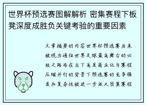 世界杯预选赛图解解析 密集赛程下板凳深度成胜负关键考验的重要因素 世界杯预选赛图解解析 密集赛程下板凳深度成胜负关键考验的重要因素